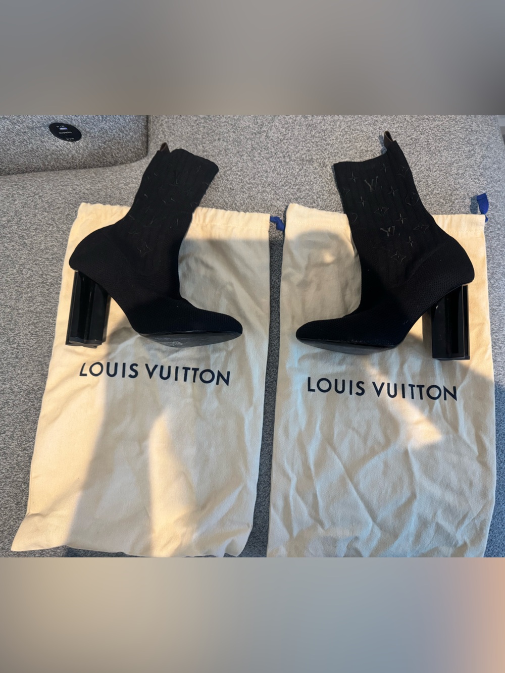 Louis Vuitton Black Knit Sock Booties with Chunky Patent Block Heel - Picture 2 of 11